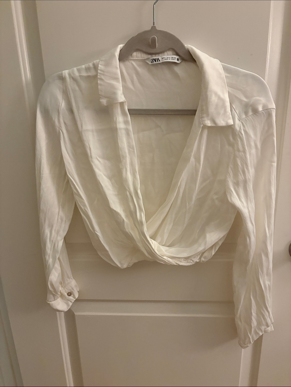Zara White Draped Twist-Front Crop Blouse